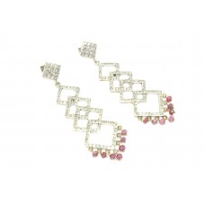 Handmade Long Earrings Designer 925 Sterling Silver Zircon & Red Ruby Gemstones